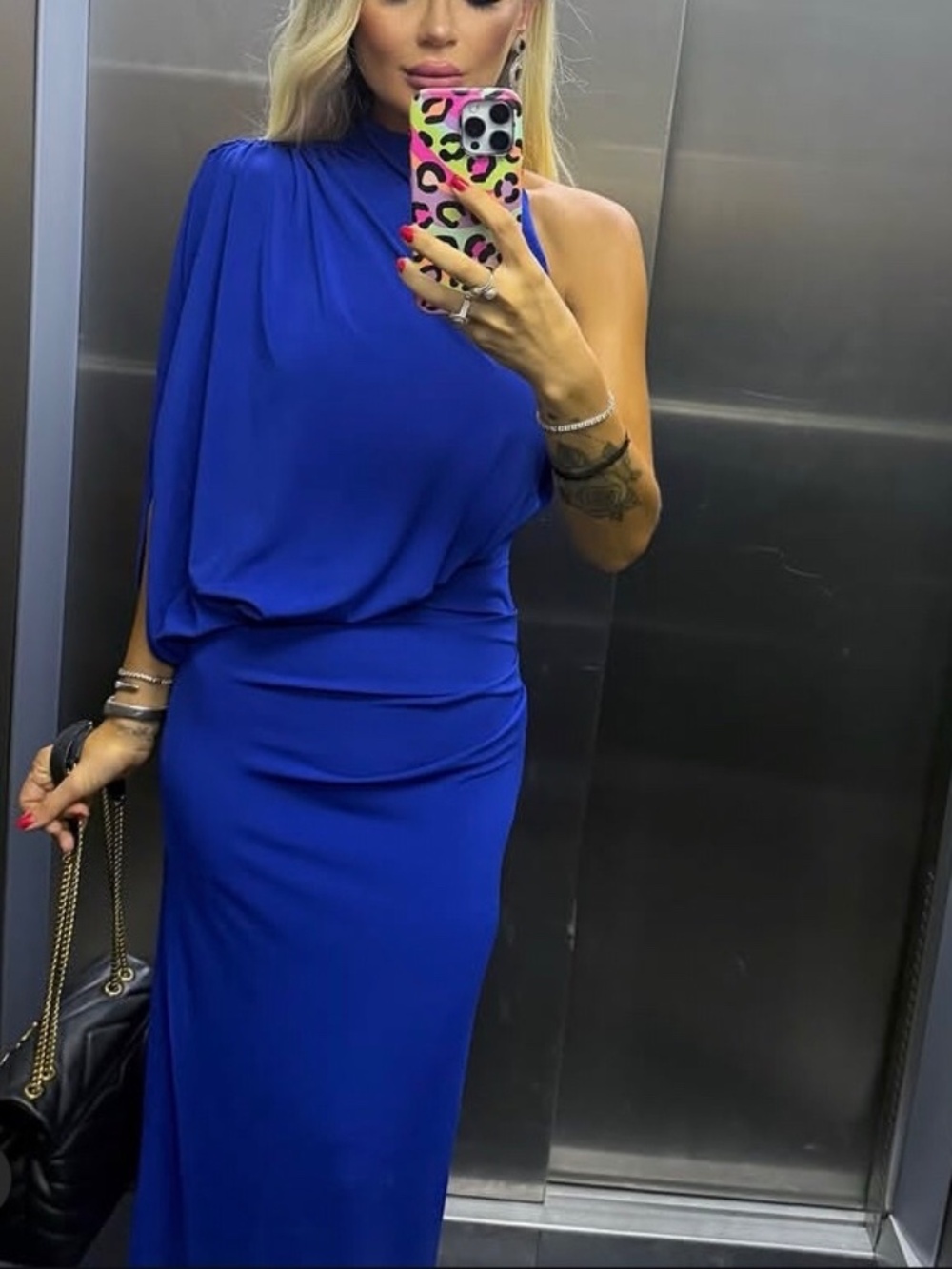 Zara Asymmetrical Cape Sleeve High Neck Bare Shoulder Ruched Detail Maxi Dress - Picture 6 of 15